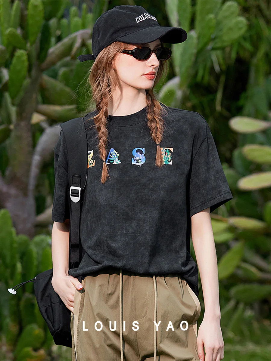 

LOUIS YAO 2025 Summer Edition Gradient Letter Printed Short Sleeve Casual Fashion Round Neck Floral Fabric Loose Women's T-shirt