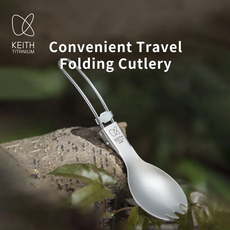 KEITH Pure Titanium Foldable Cutlery Set Portable Folding Spoon Fork Ultralight Camping Tableware for Outdoor Hiking Travel