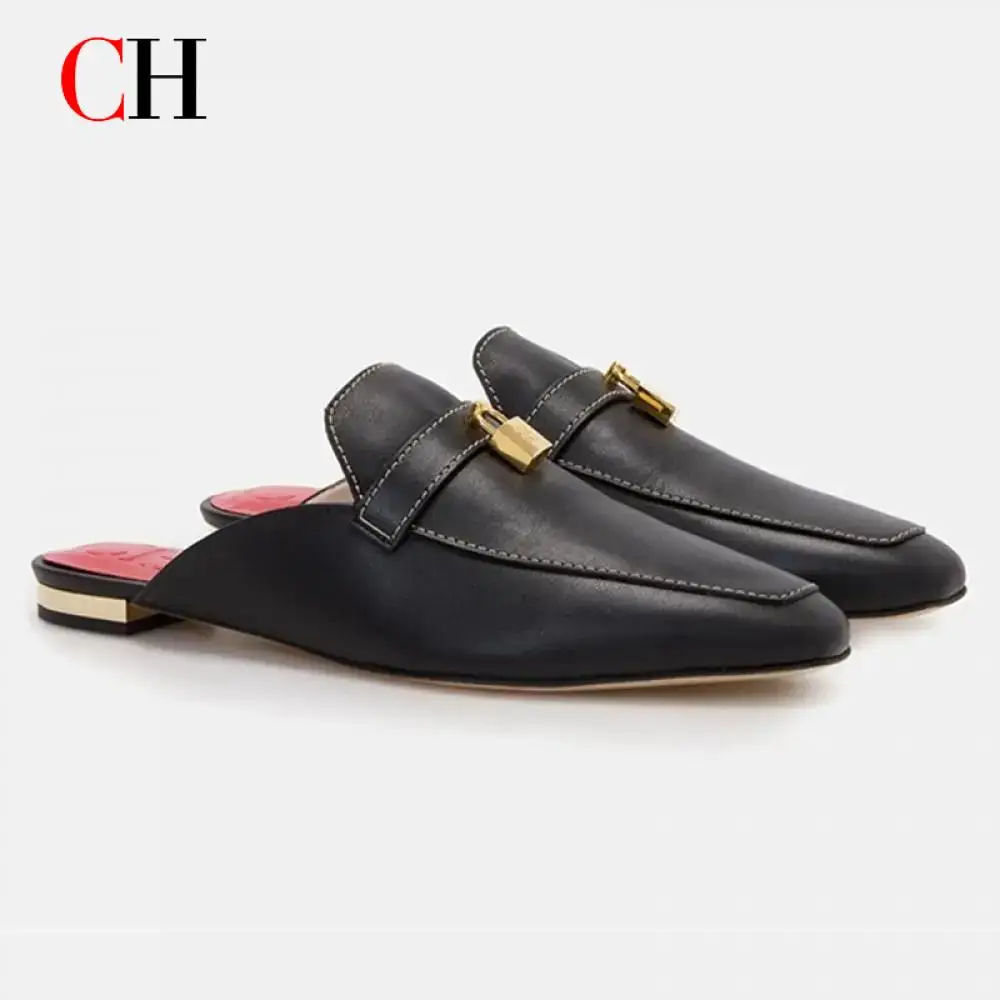 CH Baotou Half Slippers Women's Outerwear Summer New Half Top Single Shoes Fashion Muller Shoes French Coarse Heel Cool Straw