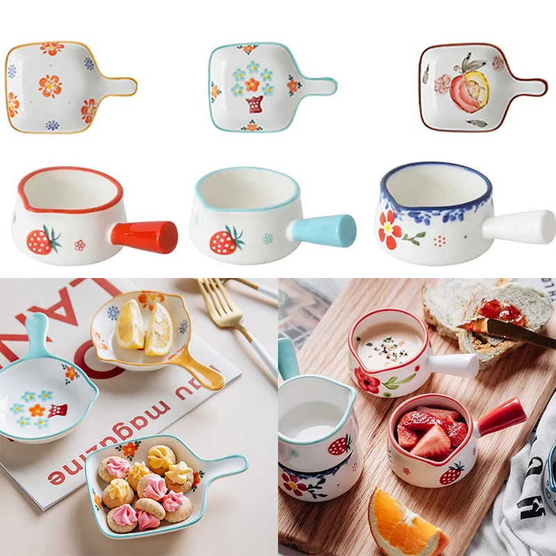 Breakfast Dessert Plate Baking Plate Milk Cup Nordic Style Creative Ceramic Handle Plate Microwave Oven Underglaze Color Plates