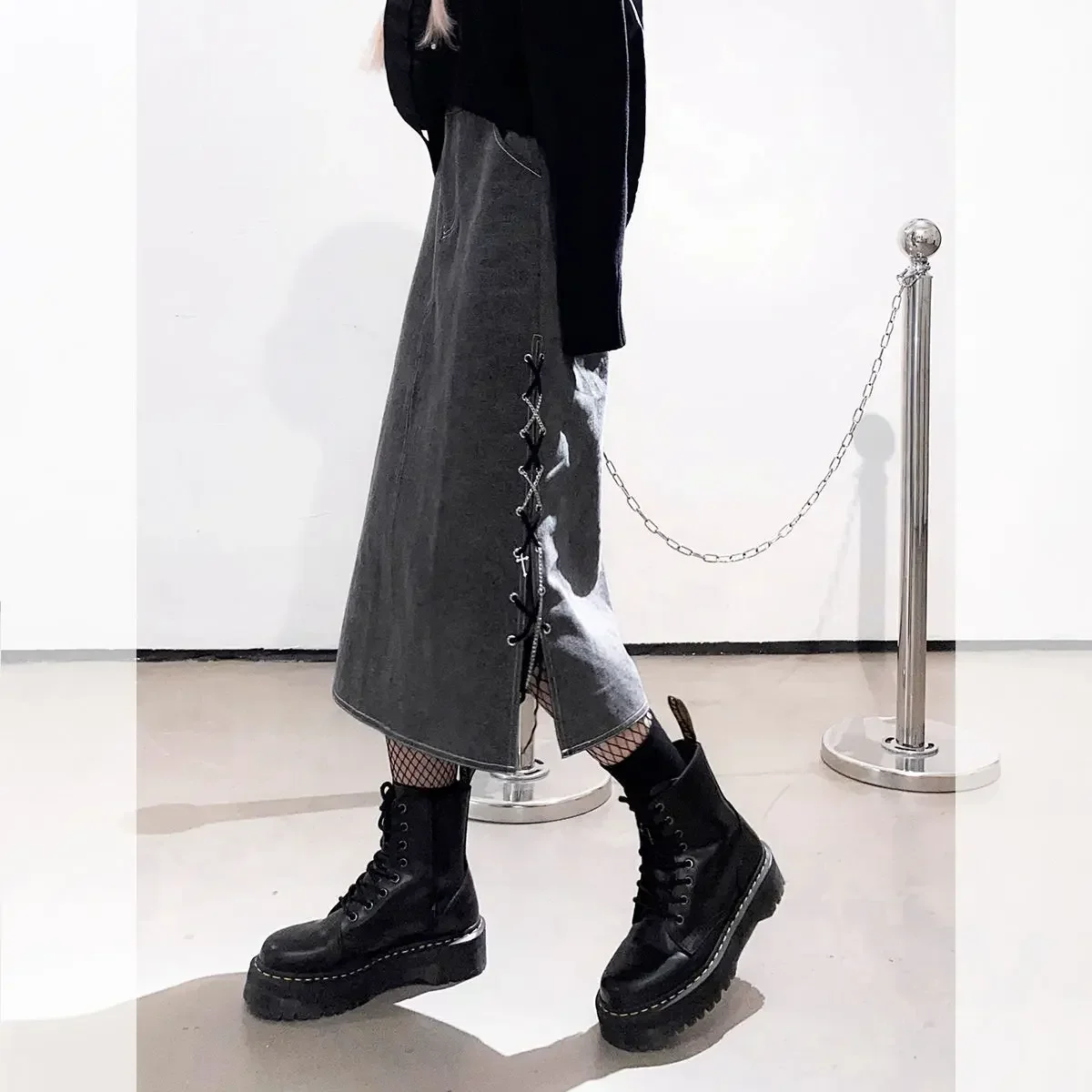 Vintage Gray Denim Skirts Woman Y2K Streetwear Lace Up Design Side Split Skirts Korean Chic High Wiast Long Skirt Women