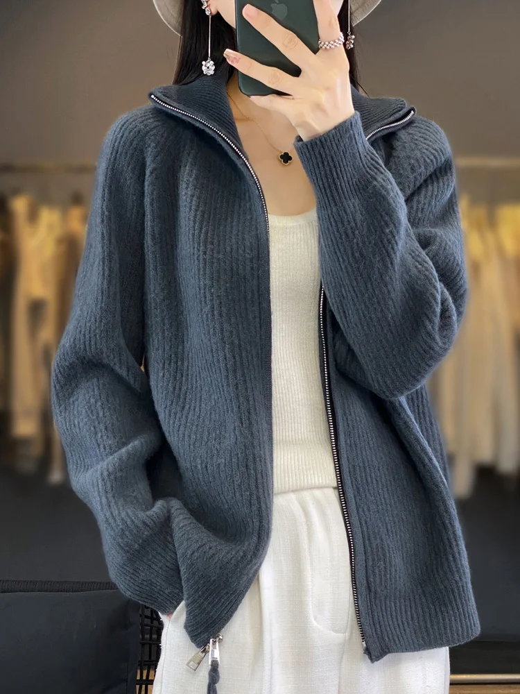 Autumn Winter Women Cashmere Sweater Turn Down Collar 100% Merino Wool Knitwear Zippers Wool Cardigan Casual Loose Style