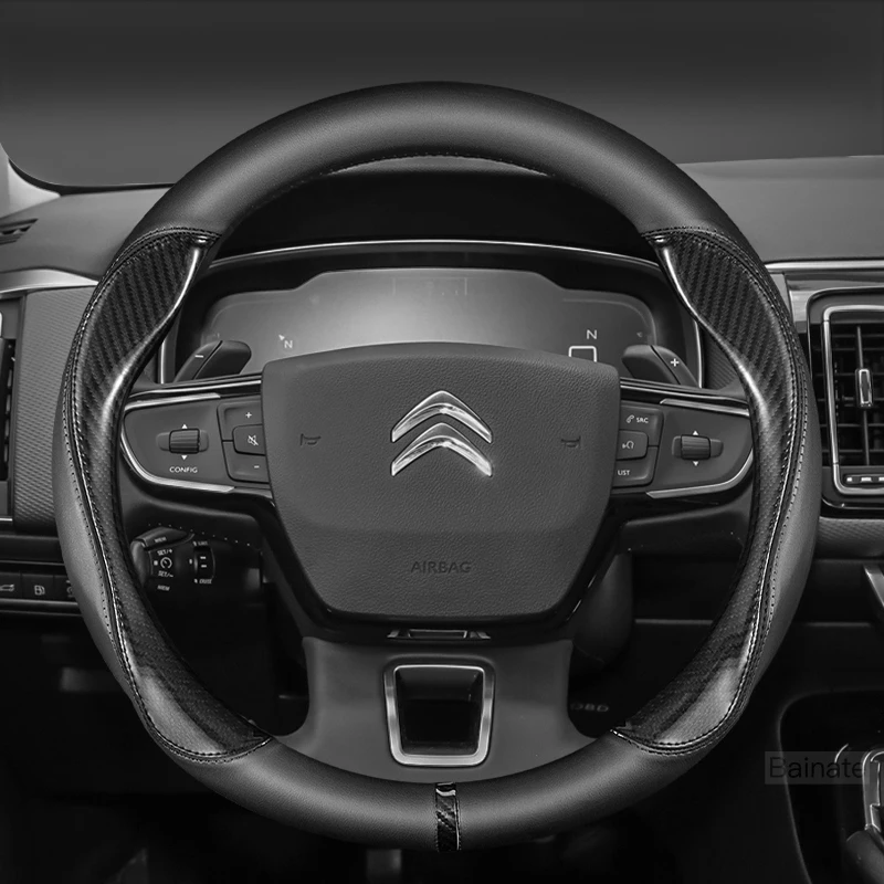 

All Seasons Leather Carbon fiber Steering Wheel Cover Universal Fit for 14.5-15 Inch 37-38cm Leather Cover Anti-Slip Accessories