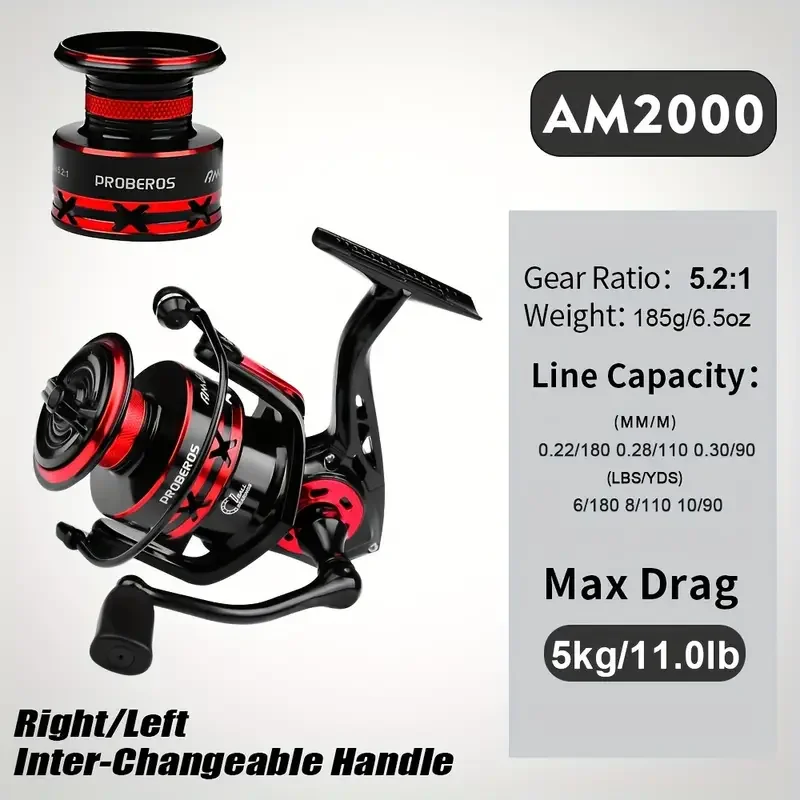 PRO BEROS PROBEROS Angelrolle 5,2:1 1000-6000 Max Drag 9 kg Spinnrollen Metallspule Reel Drag Angelrolle, Angelzubehör 7