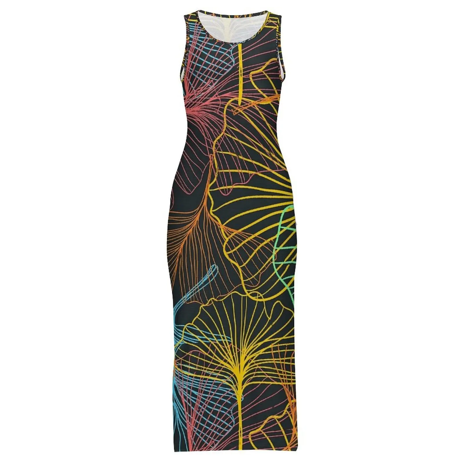 Colorful Ginkgo Biloba Bodycon Dress Spring Super Leaves Print Retro Maxi Dresses Female Sleeveless Custom DIY Y2K Fashion Dress