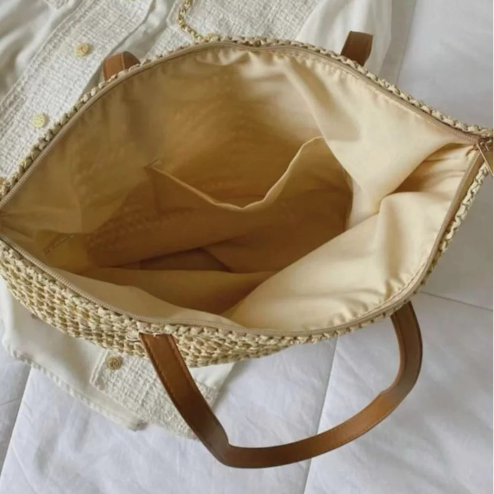 Summer Woven Shoulder Bag Women Beach Shoulder Bag Female Straw Knitted Handmade Large Capacity Handbag Purse Travel Tote Bags