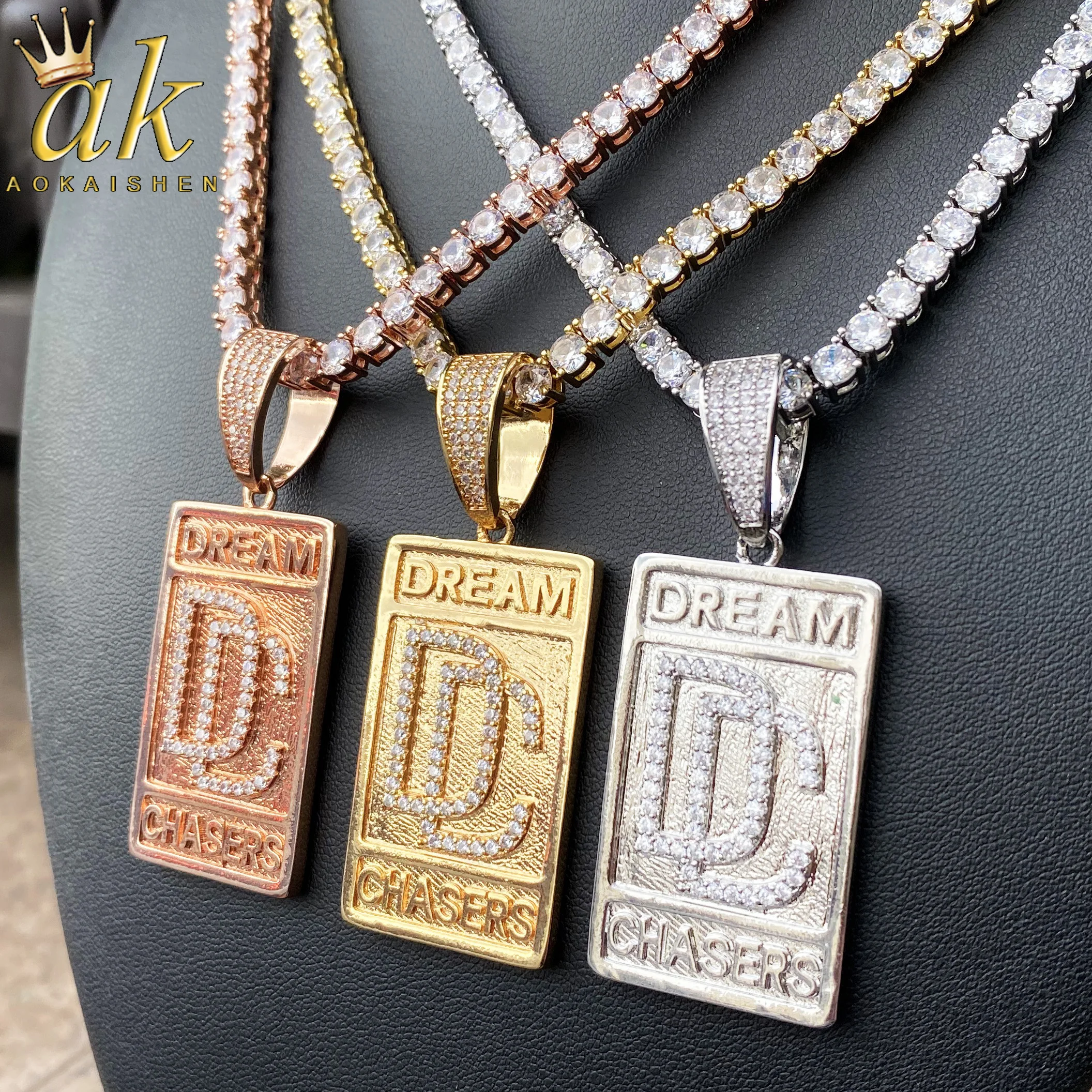 Aokaishen Iced Out Dog Tag Dream Catcher COLLAR COLGANTE para hombres joyería de Hip Hop de cobre Real