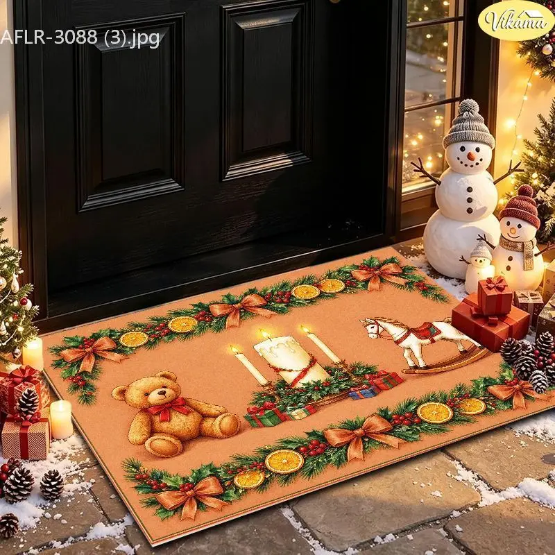 VIKAMA Teddy Bear Candle Rocking Horse Entryway Rug Non Slip Low Profile Mats for Outside Front Door Xmas Decor Washable