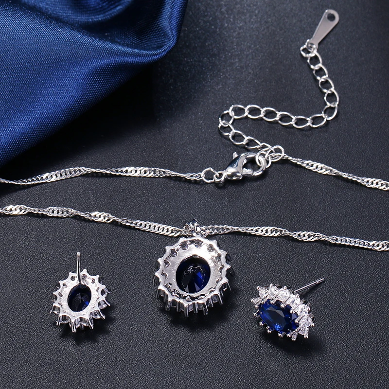 LXOEN Classic Oval Blue Crystal Jewelry Sets for Women White Gold Color Queen Style Wedding Set  Necklace and Earing Set