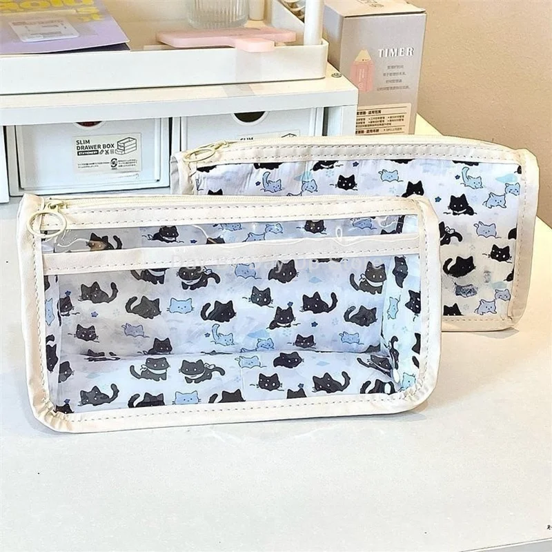 

Сумка для ручек с милым котом, мультяшная треугольная основа, большая вместительная полупрозрачная сумка для канцелярских принадлежностей, студенческие принадлежности, подарок