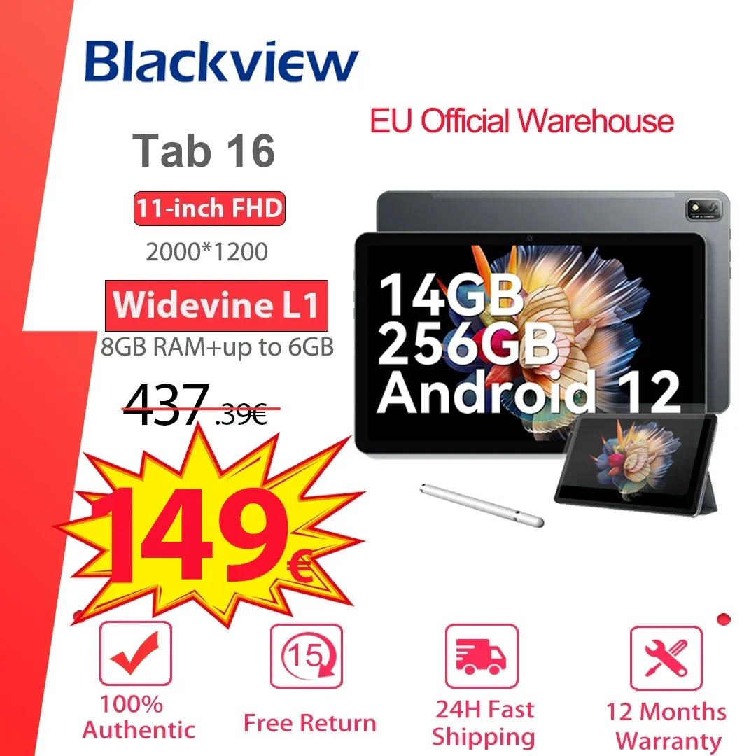 Blackview Tab16 / Tab16 Pro Tablet Android 12/14 Pad Octa Core14/24GB+256GB 7700mAh 11 Inch FHD 13MP Camera PC Widevine L1