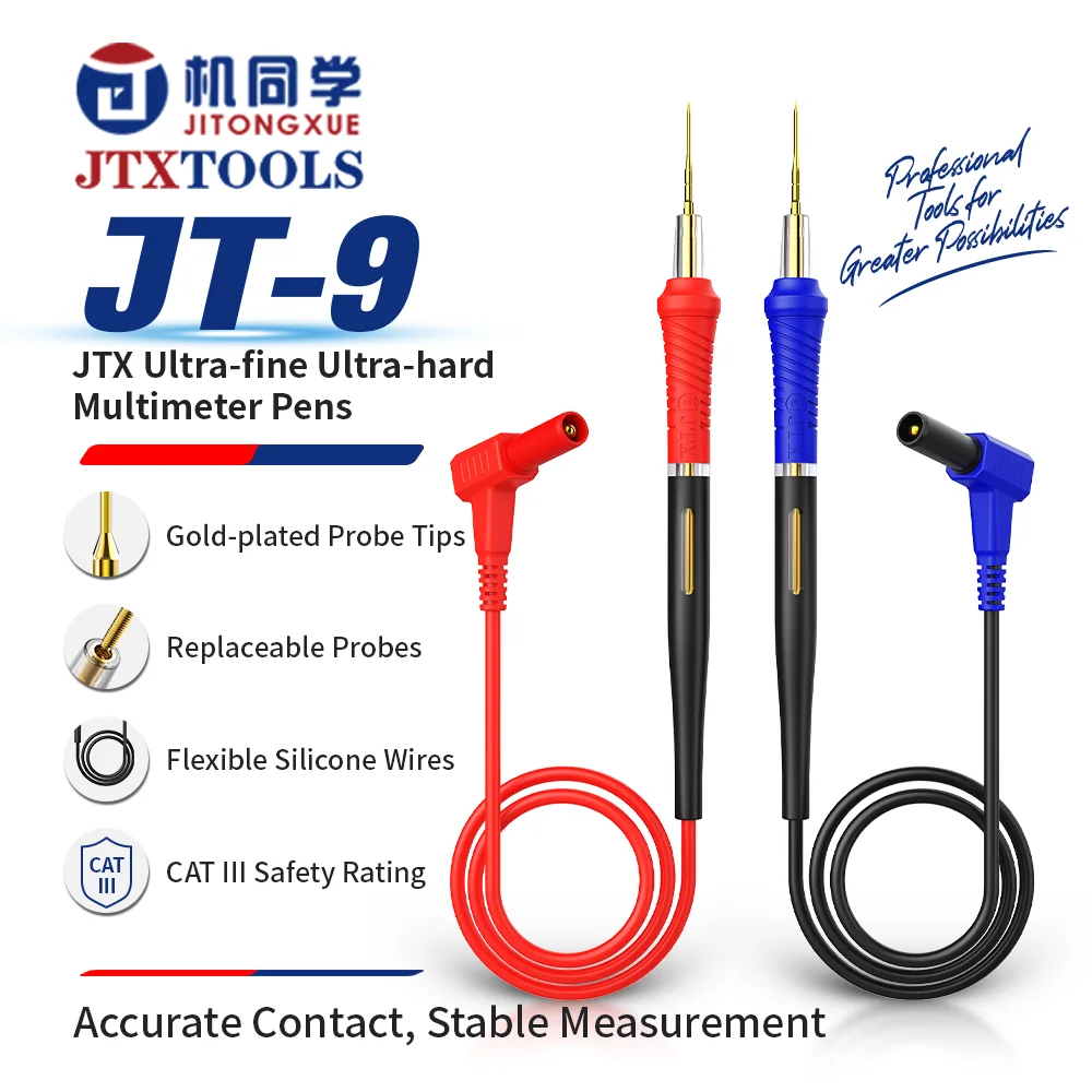 JTXTOOLS JT-9 Ultra-Fine Multimeter Test Leads Gold-Plated Probe Tips Replaceable CAT III 1000V Silicone Wire for Phone Repair
