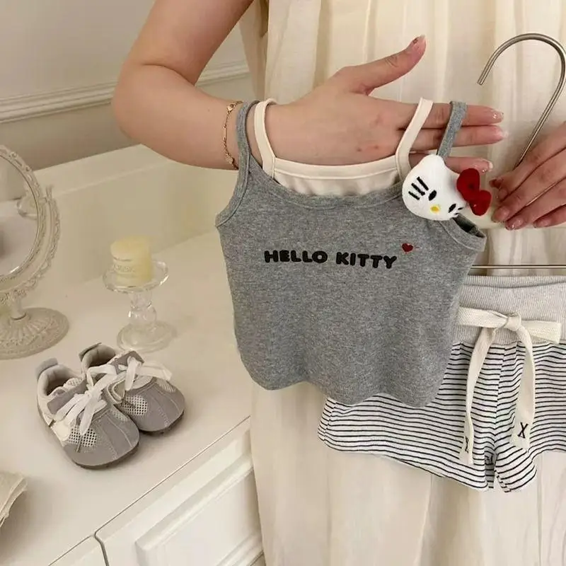 

Sanrio Hello Kitty 2Pcs Suspenders Cute Cartoon Doll Kawaii Letters Vest Outside Summer Girls Stripes Cotton Shorts Baby Trendy