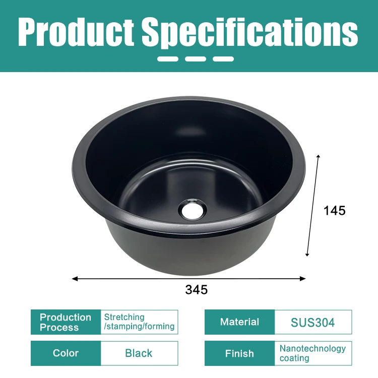 RV Wash Basin Round Black Nano Coated SS304 Single Bowl Basin for Camper Van Motorhome Yacht Marine Boat RV Kitchen Sink JDA