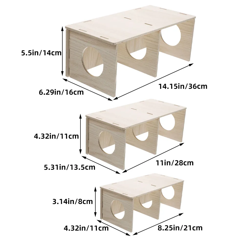 Natural Wood Hamster Hideout 3 Piece Multi Chamber Small Pet House Shelter for Hedgehogs Gerbils Squirrels