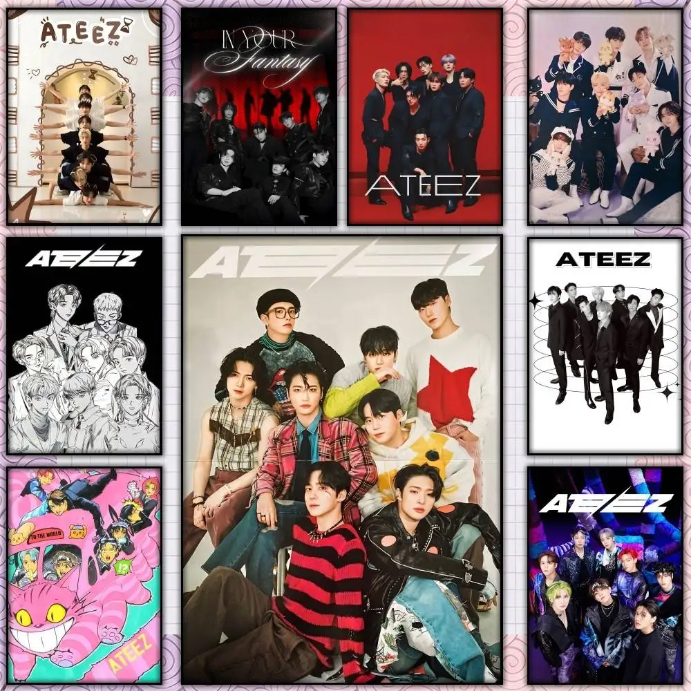 K-POP Boy Group A-ATEEZ Poster Self-adhesive Art Waterproof Paper Sticker Coffee House Bar Room Wall Decor