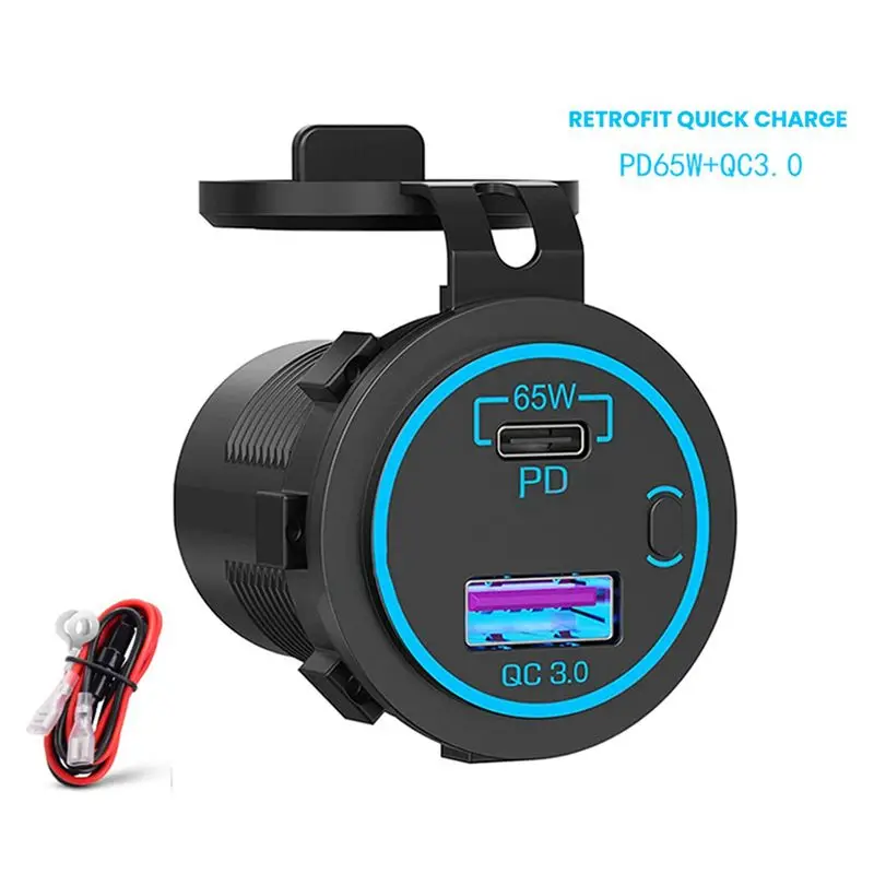 2X 65W PD 12V USB Outlet For Laptop USB C Car Socket Multi Port Outlet Waterproof Adapter For Car Boat Truck
