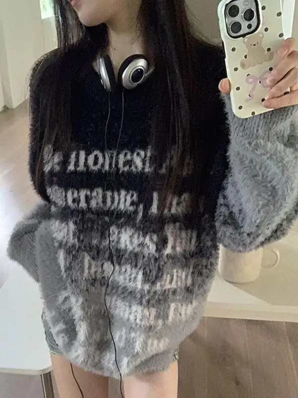 Warm Faux Fur Knitted Sweater with Gradient Letter Design Long Sleeve Casual Style Autumn Winter Loose Fit Soft Top for Women