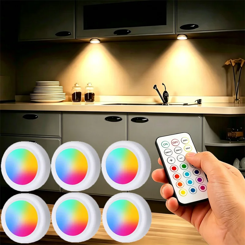 Dimmable RGB LED Under Cabinet Light with Remote Control Battery Powered Wardrobe Bathroom Lighting Night Light