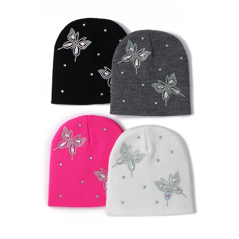 Fashion Rhinestone Knitted Hat Butterfly Lace Cold Hat Winter Light Breathable Warm Hat Women Outdoor Beanie Cap Soft Cozy