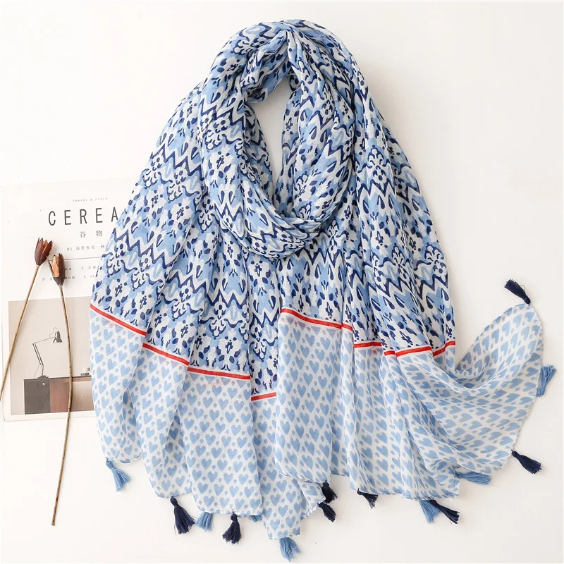 Winter accessories luxury brand woman scarf Korean fashion long blue love heart printed neck scarfs muslim hijabs