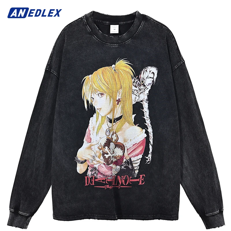 Men Fashion Washed TShirt Hip Hop Streetwear Anime Graphic Oversized T Shirts Harajuku Cotton Long Sleeves Vintage T-Shirt Tops