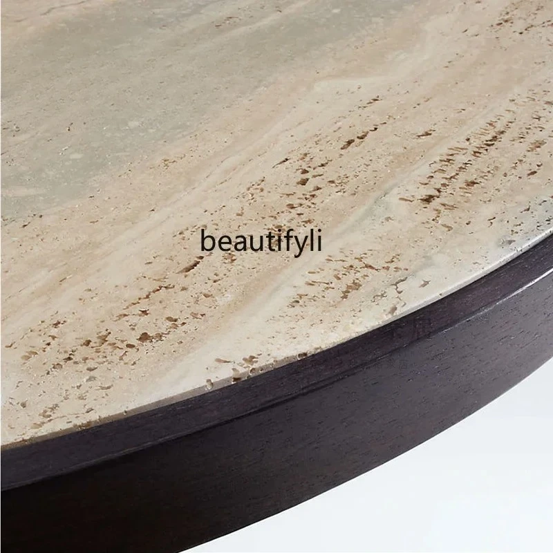 Nordic simple solid wood retro dining table creative natural beige travertine large round table household dining table