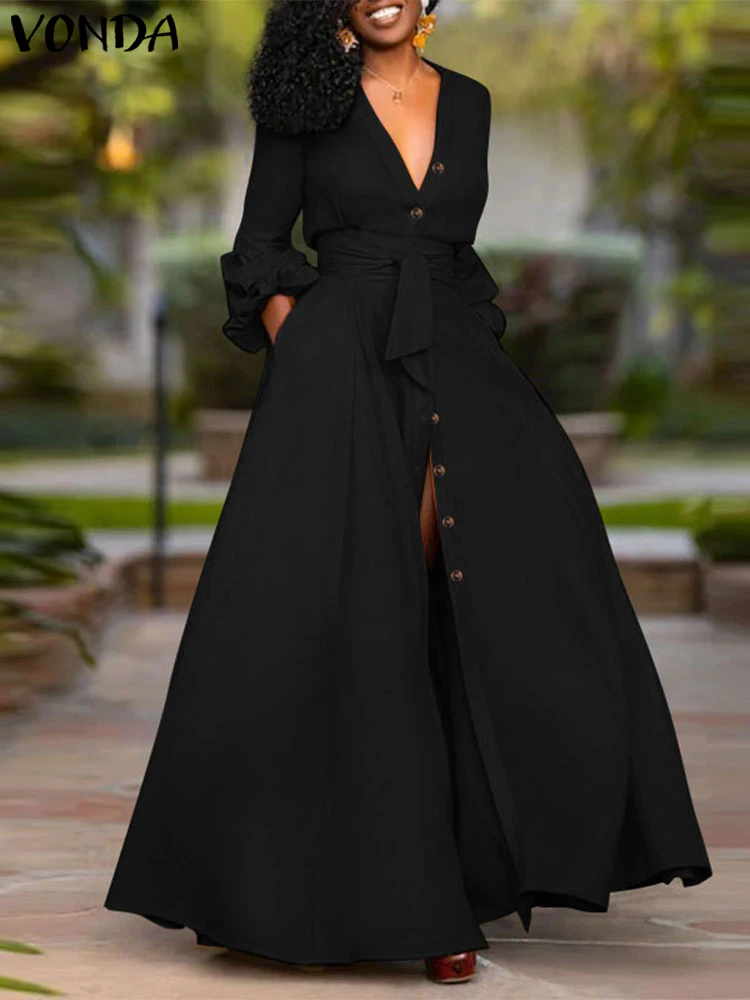 

Elegant Deep V-Neck Party Dress Women Belt Long Lantern Sleeve Party Sundress Bohemian Vestidos 2024 VONDA Casual Robe Oversized