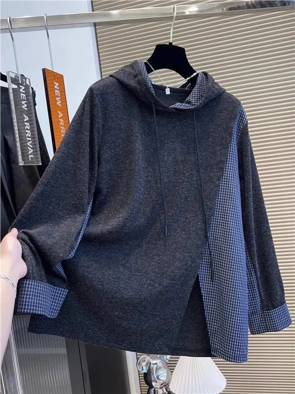 

Толстовка с капюшоном больших размеров в стиле пэчворк, свободный крой для мужчин и женщин, осенне-зимний топ Faion, большой 300 Pou, искусственный двухсекционный средний свитшот