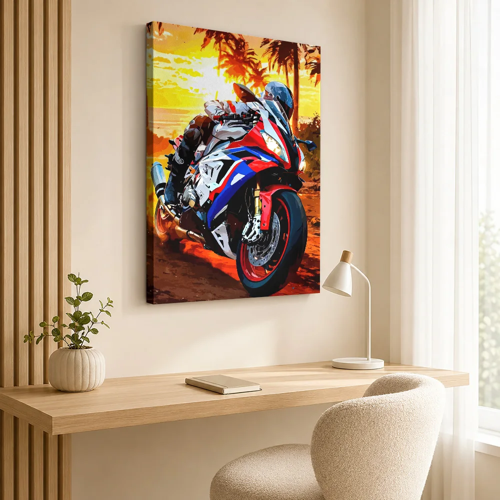 Motorcycle Beneath Sunset Palms Canvas Print Customized Photo Painterly Landscape Wall Art For Biker Lounge Touring Fan Gift