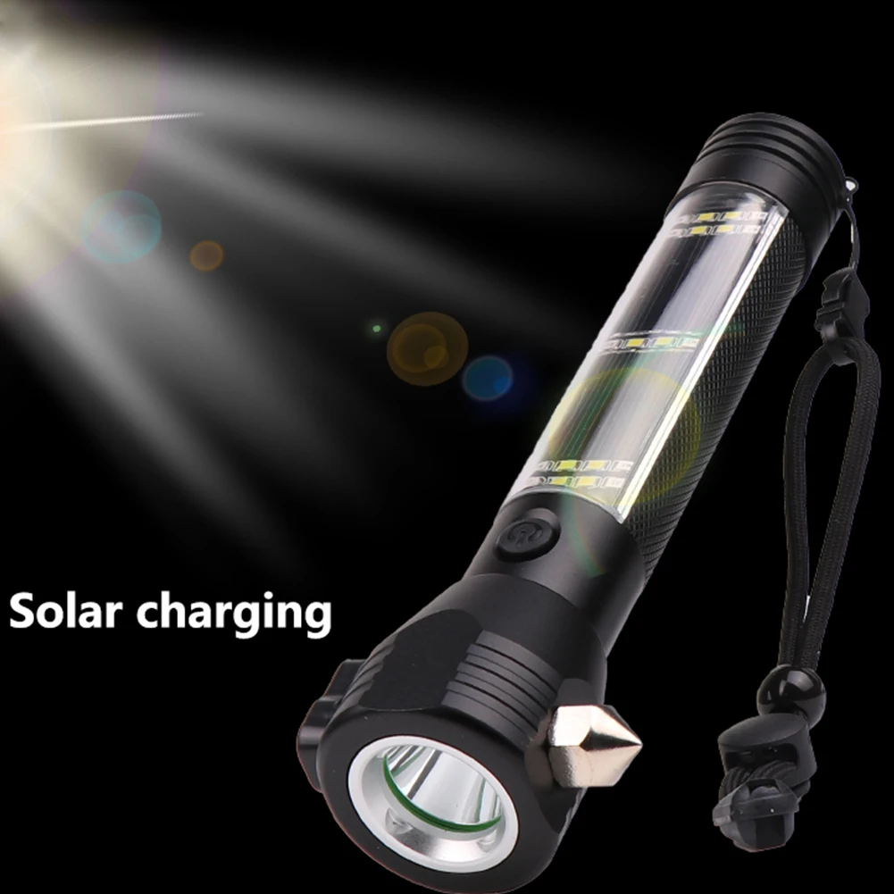 Solar Powered lanterna LED com Glass Breaker, liga de alumínio, impermeável, USB recarregável, emergência