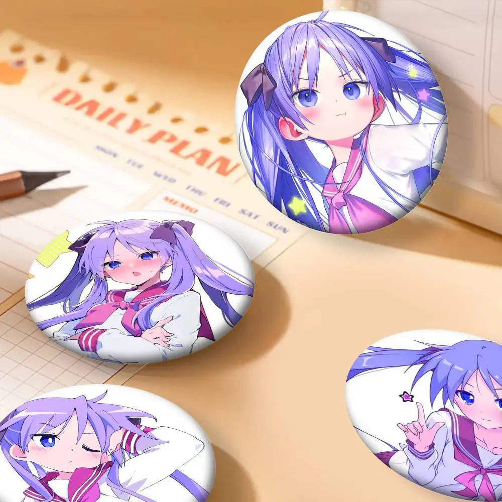 Anime Kagami Hiiragi Pins Badges Round Laser Badge Brooch Clothes Backpack Accessories