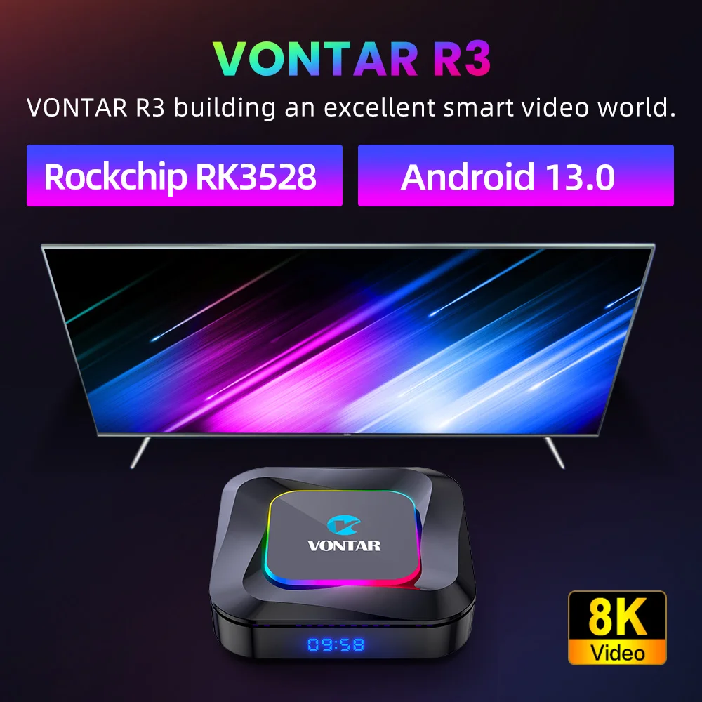 VONTAR R3 RGB Light Android 13.0 TV Box RK3528 رباعي النواة Cortex A53 يدعم 8K Video HDR10 + BT5.0 Wifi6 Google Voice Media Play