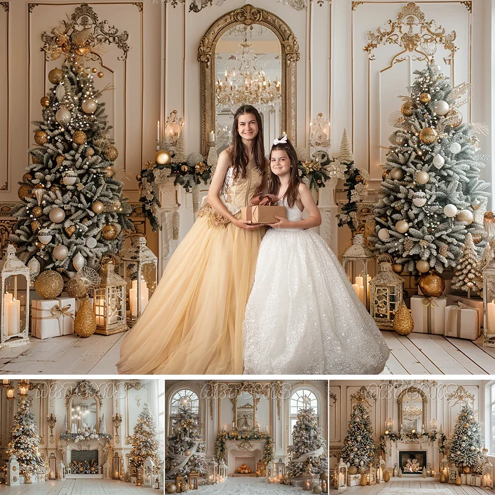 Christmas Backdrop White Trees Mirror Fireplace Silver Candles Lantern Wooden Floor Beige wall Background Photo Studio Photocall