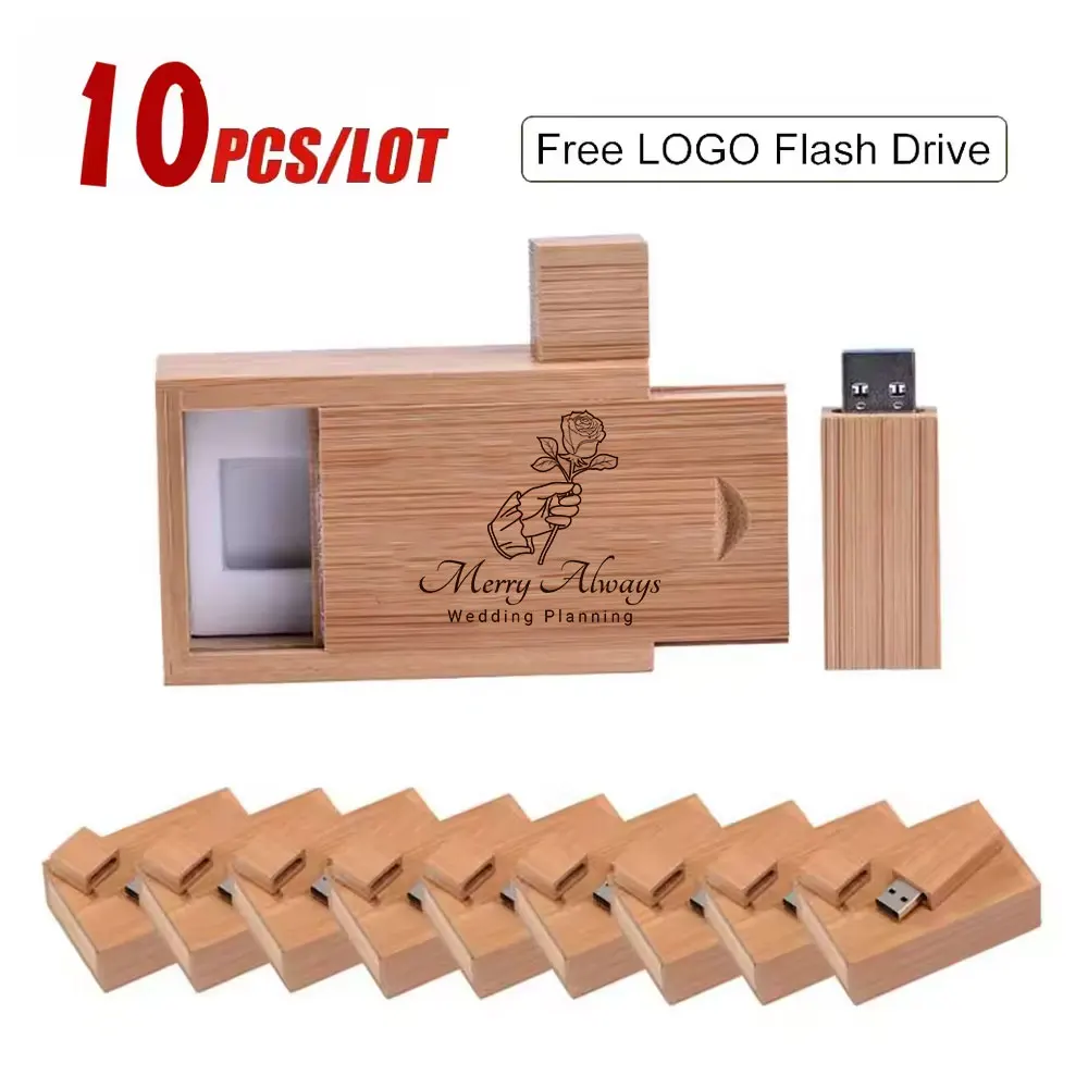 

10 шт. USB-флешки с бесплатной индивидуальной гравировкой логотипа, 128 ГБ, свадебные сувениры, флеш-накопитель 64 ГБ с коробкой, флешка 32 ГБ, деревянная флеш-память