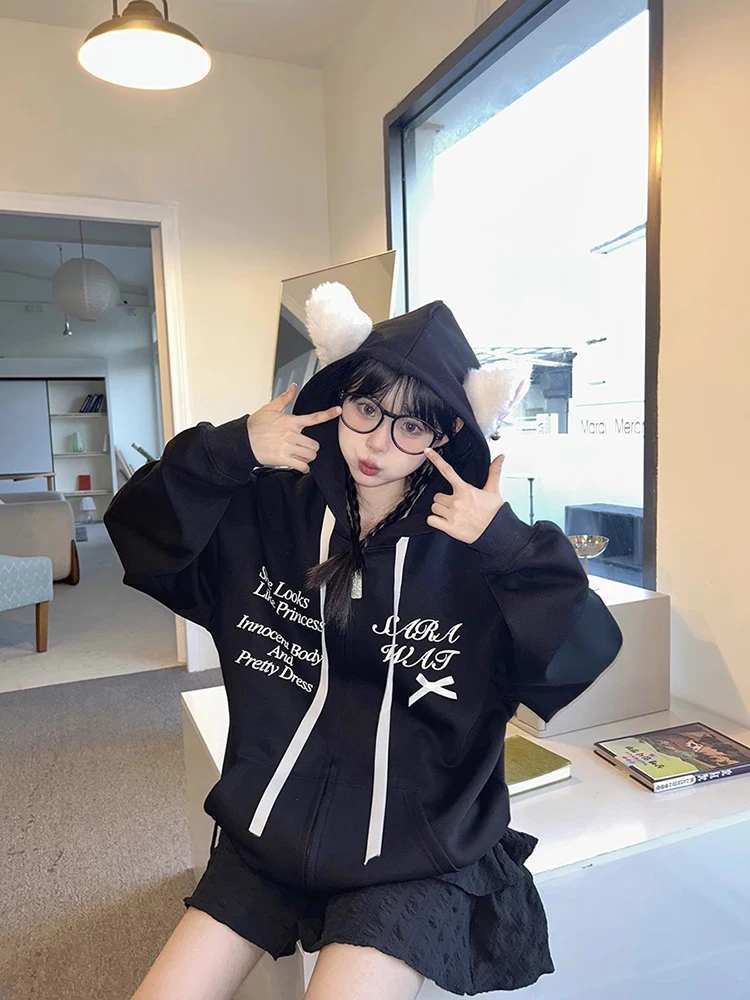 Y2k Korean Hoodies Women Spring Loose Cute Cat Ears Bow Design Hooded Zipper Jacket Cardigan Harajuku Casual Oversize Coats 2024