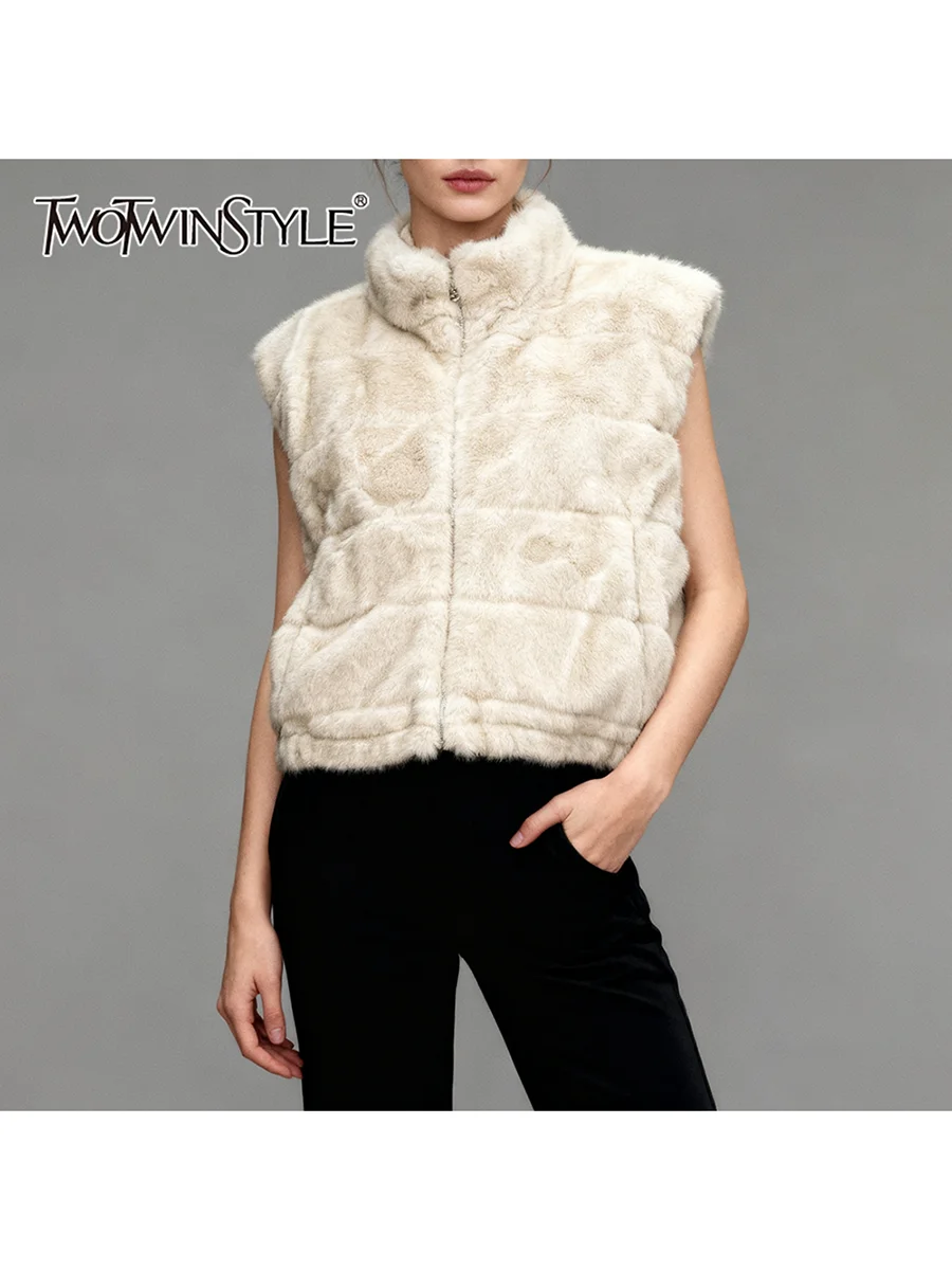

TWOTWINSTYLE, однотонные свободные модные жилеты на молнии для женщин, двусторонний повседневный жилет без рукавов с высоким воротом и мехом в стиле пэчворк, женский