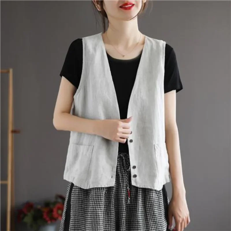 Vintage Cotton Vest Spring Summer Sleeveless Jacket Chic Korean Women Coat Buttons Outerwear Cardigan Plus Size