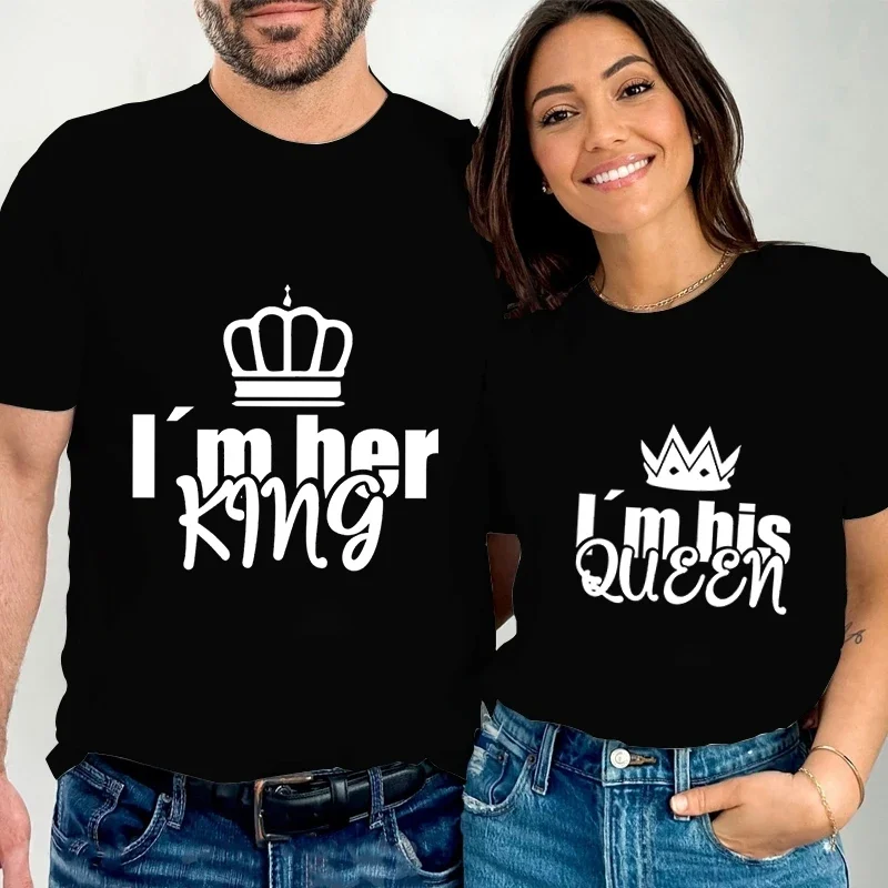 Funny Letter Men and Women Matching Short Sleeve 2024 Couple Crown T-shirt I'm Her King I'm His Queen Print T-Shirt