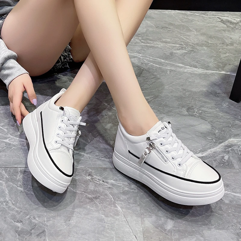 2024 Spring New Fashion Women's Shoes with Elevated Side Zipper Decoration and Front Lacing Thick Sole Casual Shoes for Women