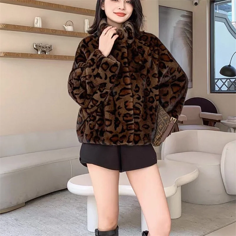 Leopard-print Fur Coat Women's Short Mink Fur Jacket Autumn Winter Stand-up Collar Thicken Casual Outerwear Faux Fur Overcoat