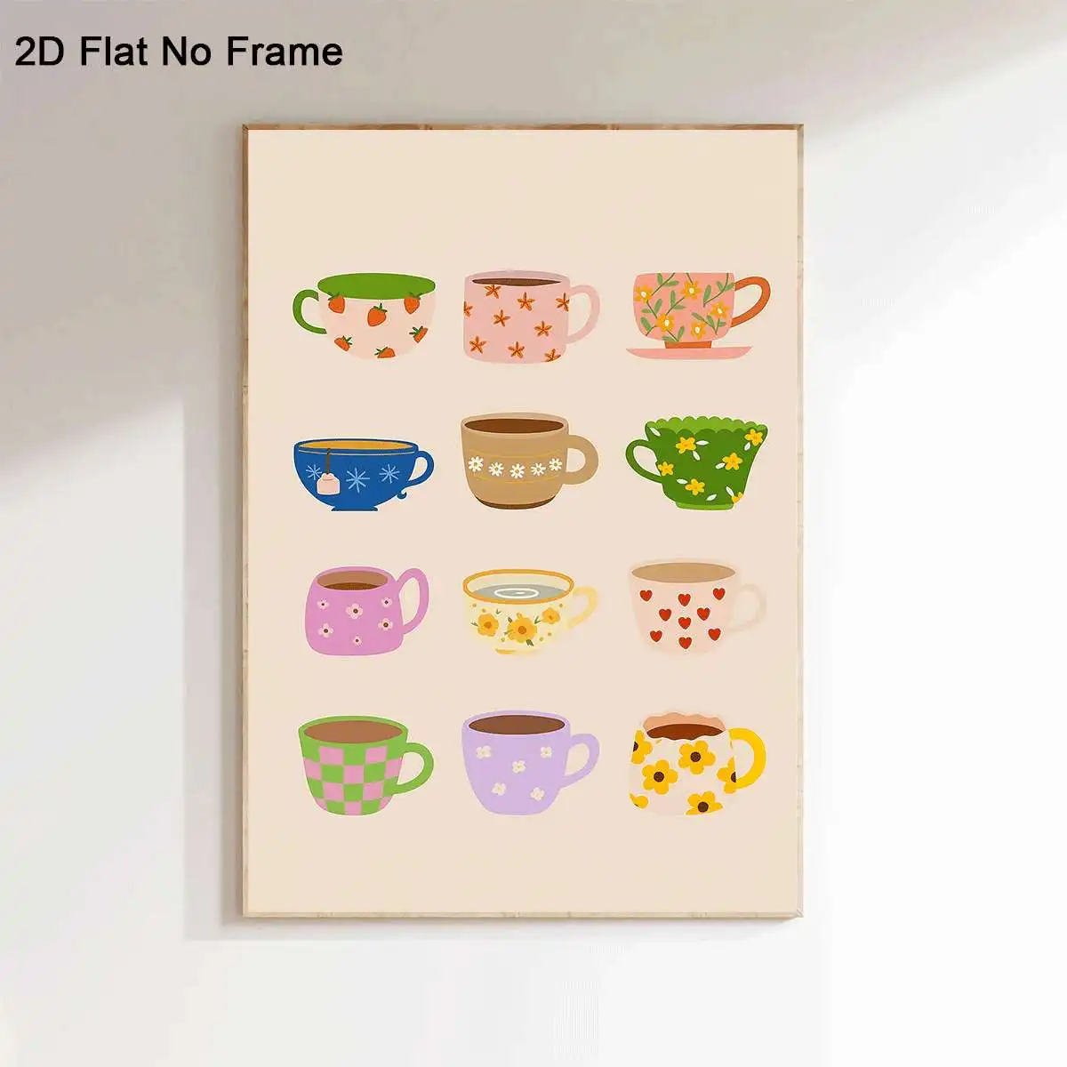2D Flat, 1pc Frameless Canvas Poster, Assorted Patterned Coffee and Tea Cups Illustration, Colorful Flowers, Hearts, and Geom