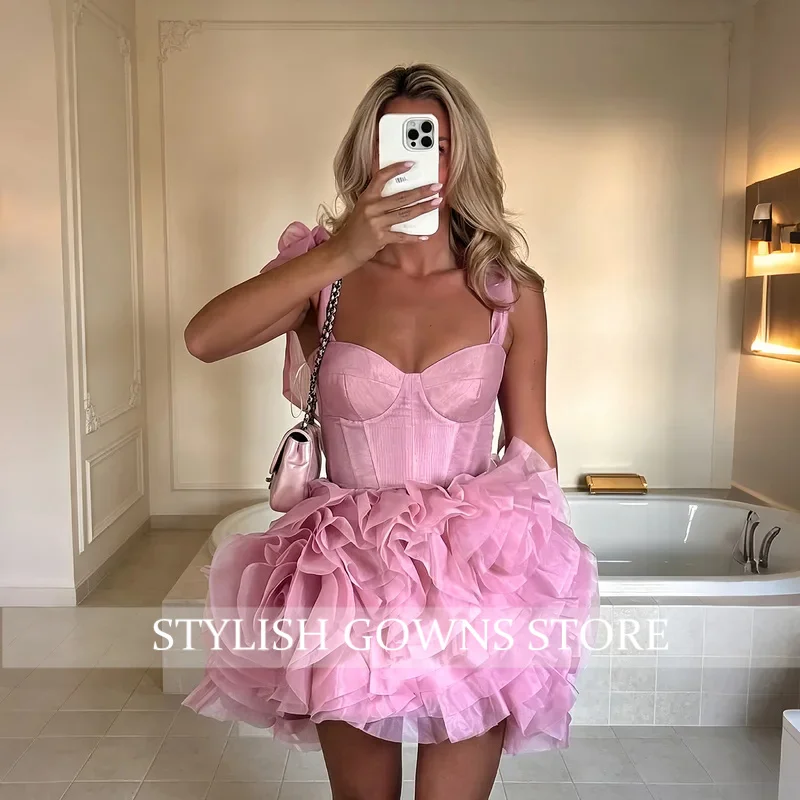 Sheer Fairy 2026 Pink Luxury Women' s Mini Short Cocktail Homecoming Party Dresses Ruffle Tulle Prom Gowns Bow  Customized