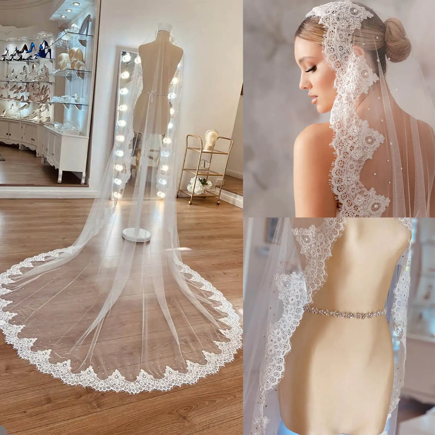 Classic Wedding Veil Beaded Pearls  Lace One Layer Long Blusher Length Veils Applique Edge Custom Made Bridal Accessories