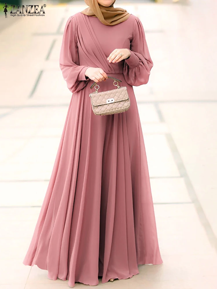 Fashion Solid Muslim Dress Women Spring Sundress ZANZEA Casual Abaya Marocain Turkish Robe Femme Lantern Sleeve Maxi Vestidos