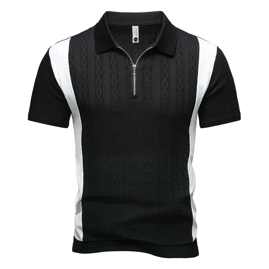 Summer Men's Zipper Design Splicing Polo Shirts Short Sleeve Breathable Casual Lapel Collar Streetwear Fashion Top