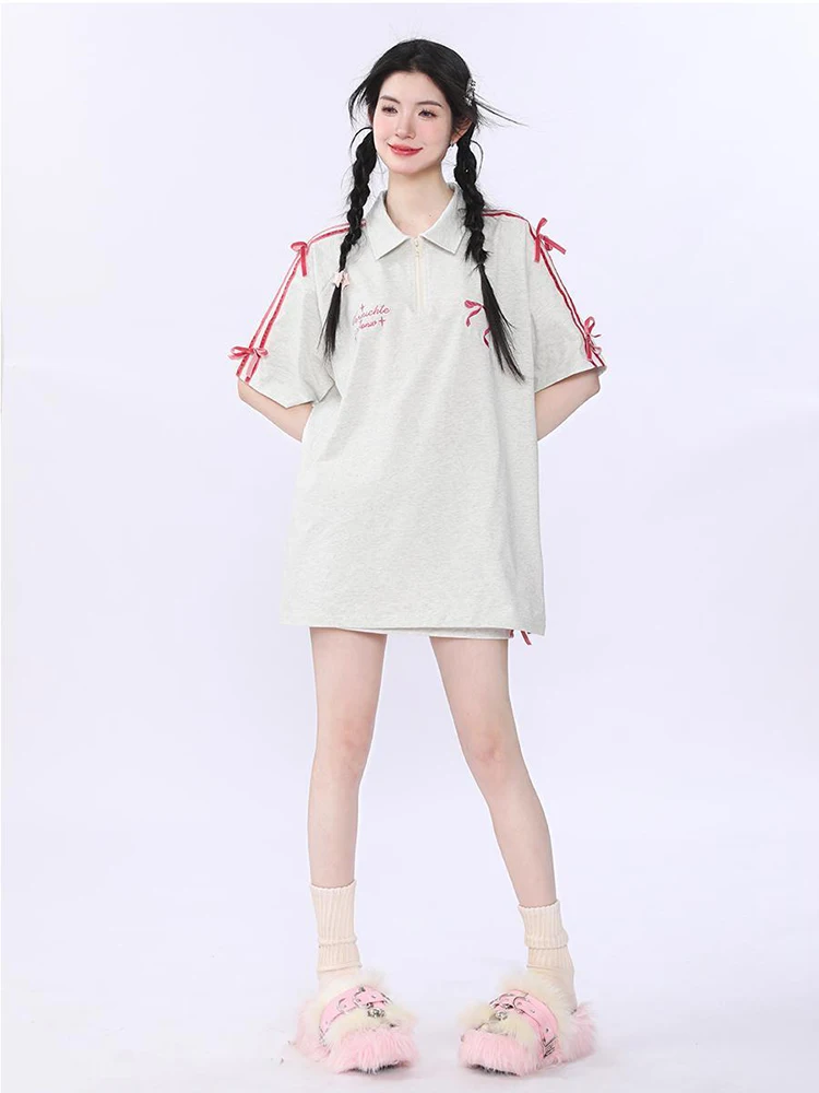 Velvet Bow Embroidered Short Skirt Set Women Korea Summer Loose Polo Collar T Shirt+skirts 2pcs Sets Casual Sweet Sport Suit New