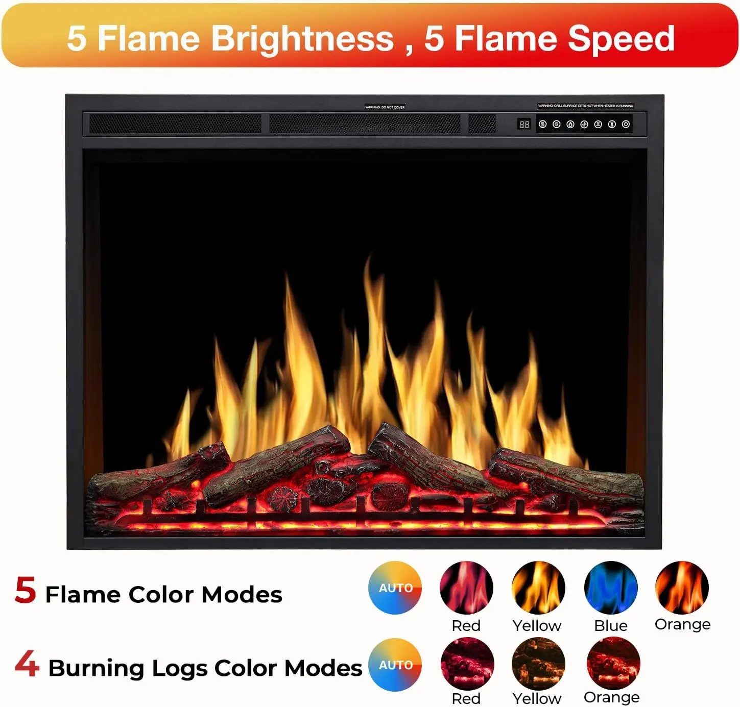 34" Electric Fireplace Insert Adjustable Flame Colors, Log Colors, Flame Speed and Brightness, Remote Control, 750W/15