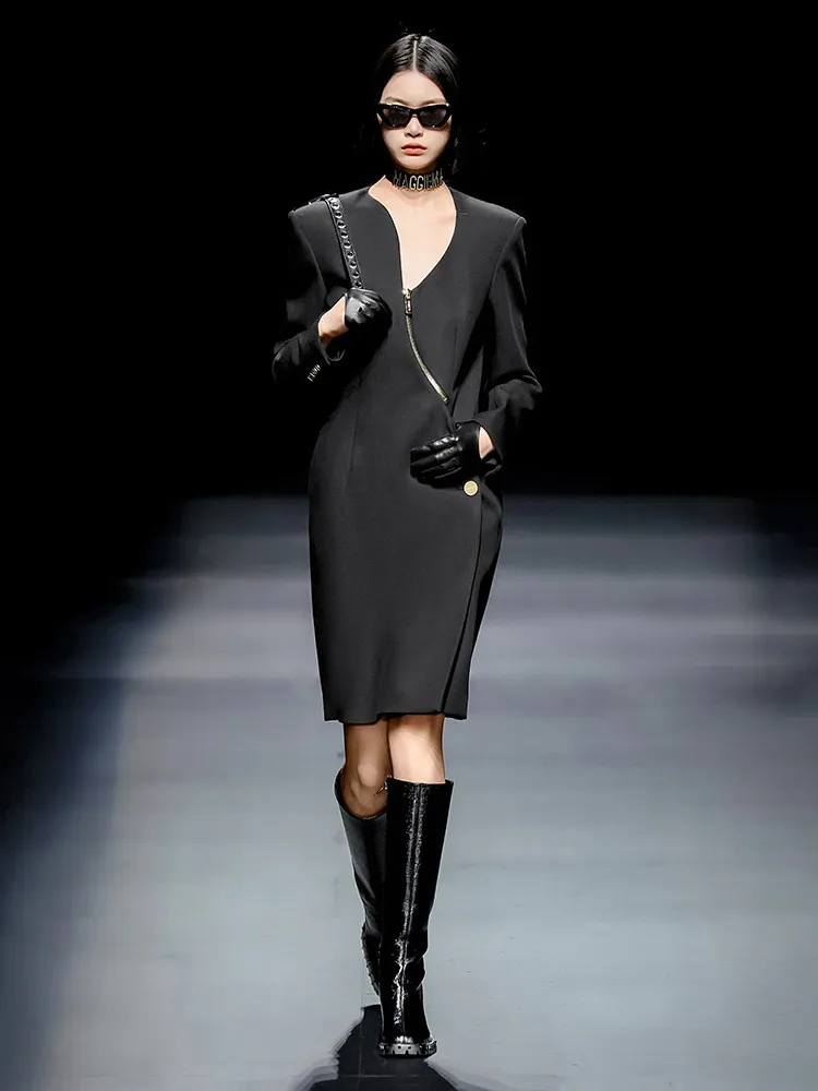 

Ele Commuter Zipper Dr Irregular Collar Asymmetrical Hemline High Waist Polyester Fiber Long Sve Midi H-ape Dr