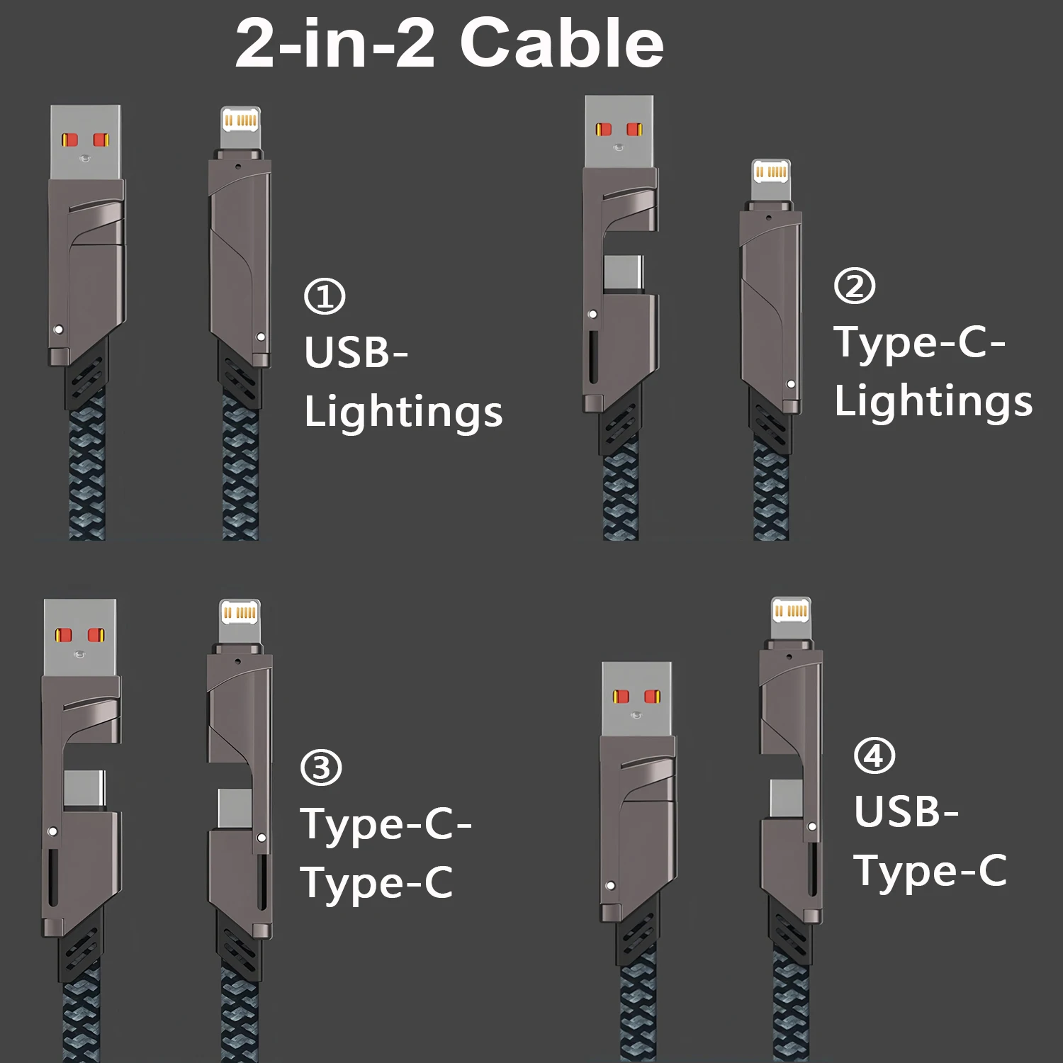 1PCS 2PCS 2IN1 USB-A Type-C Fast Charging Cable for iPhone Xiaomi Samsung Multi Port USB-C USB-L Braid Cord LED Phone Adapter